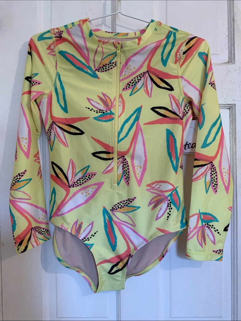 NWT Girls Long Sleeve Zip Front Floral Rash Guard Swimsuit - Yellow in size 16